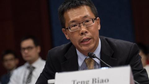 Teng Biao speaks at a hearing of the Congressional-Executive Commission on China entitled "Urging China's President Xi to Stop State-Sponsored Human Rights Abuses" on Capitol Hill in Washington, DC, on September 18, 2015