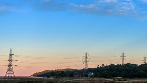 Pylons on the Dwyryd estuary with the rail line in the foreground