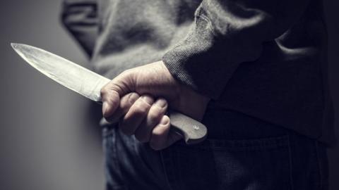 A person holds a sharp knife behind their back