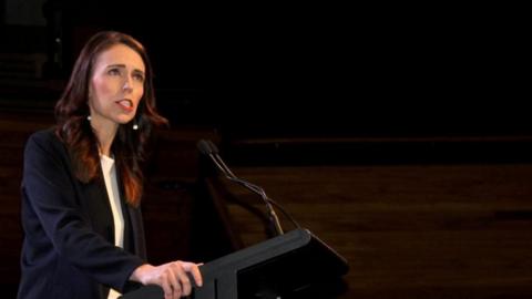 Prime Minister Jacinda Ardern addresses supporters at a Labour Party event in Wellington, New Zealand, October 11, 2020