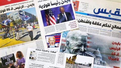 Kuwaiti newspaper front pages, headlines featuring the 2020 US general election results