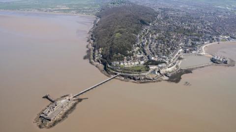 Aerial view of Birnbeck Pier in North Somerset