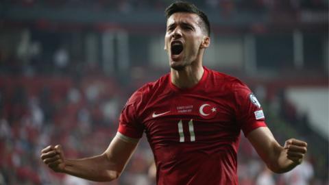 Mehmet Umut Nayir celebrates scoring for Turkey against Wales last year