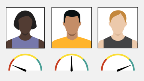 An illustration showing photos of three people with different skin tones. The photo of the darkest skinned person has a poor quality score and the photo of the lightest skinned person has a good quality score