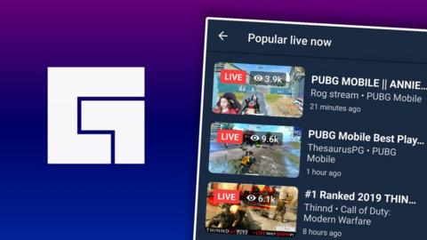 This composite image shows the Facebook gaming logo and a screenshot of popular live streams from within the app, both superimposed on a purple gradient bacgkround