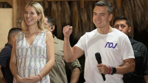 Candidate Daniel Noboa (R) speaks to the press after winning the 2023 presidential elections in Santa Elena, Ecuador, 15 October 2023.