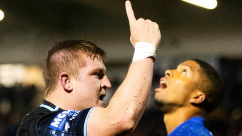 Johnny Matthews celebrates after scoring a try for Glasgow Warriors against Stormers