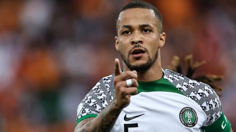 Nigeria captain William Troost-Ekong celebrates his goal against Ivory Coast