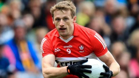 Brendan Rogers in action for Derry in this year's All-Ireland Football semi-final against Kerry