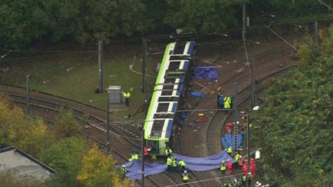 Overturned tram in Croydon