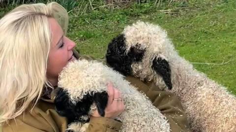 Carla McLeod Bunter with two of her Valais Blacknose sheep