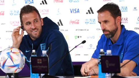 England captain Harry Kane and manager Gareth Southgate ahead of a news conference at the 2022 World Cup