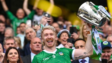 Limerick skipper Cian Lynch lifts the Liam McCarthy Cup at Croke Park