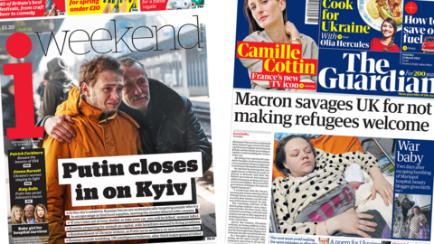 The front pages of the i and the Guardian show Ukrainian citizens affected by the Russian invasion