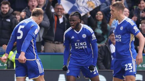 Stephy Mavididi celebrates his goal for Leicester with two team-mates