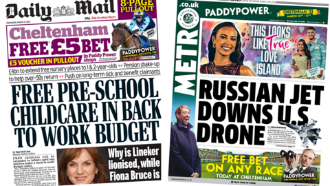 The headline in the Mail reads, "Free pre-school childcare in back to work budget", while the headline in the Metro reads, "Russian jet down U.S drone"