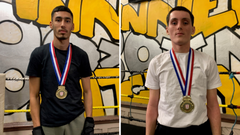 Alishan Anwar and Hugo Searle train at Inner City Boxing gym and pose with their medals.
