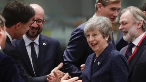 Luxembourg"s Prime Minister Xavier Bettel, Dutch Prime Minister Mark Rutte, Belgium"s Prime Minister Charles Michel, Britain's Prime Minister Theresa May and President of the European Commission Jean-Claude Juncker share a smaile and a joke at last week's European Council summit