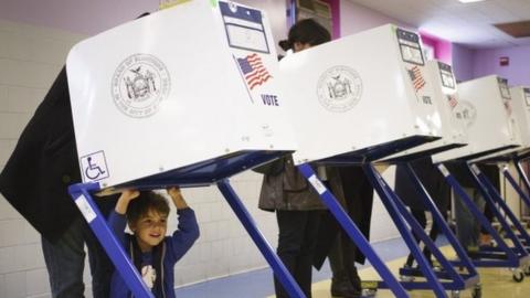 Polling station in Brooklyn as voters take part in the presidential election, 8 November 2016