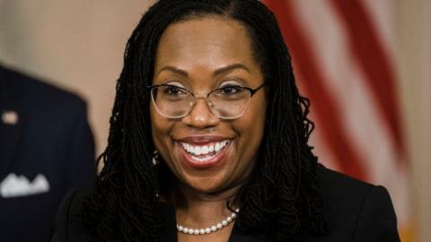 lanked by President Joe Biden and Vice President Kamala Harris, Judge Ketanji Brown Jackson delivers remarks on her nomination