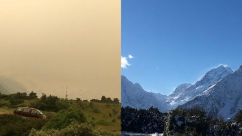 View of Mount Cook with and without haze