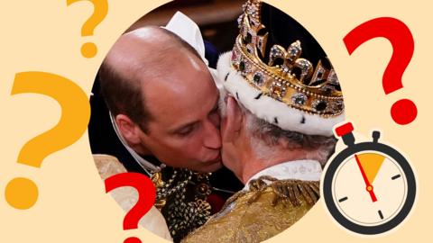 The Prince of Wales kisses the king on the cheek during the Coronation