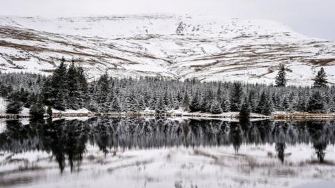 Snow covers the landscape over the Brecon Beacons