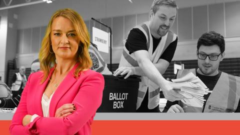 Composite image of BBC presenter Laura Kuenssberg and a black-and-white background image of a local election count