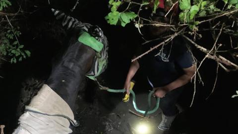 Horse in a ditch with a firefighter