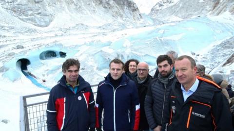 Emmanuel Macron visists Mer de Glace glacier with scientists and ministers