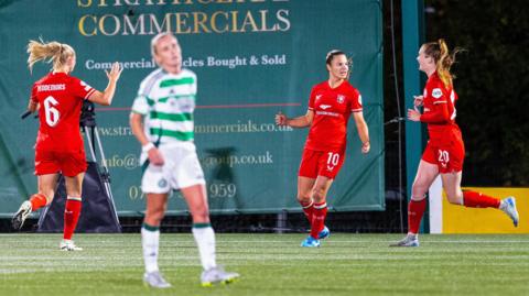 FC Twente's Kayleigh van Dooren (centre) celebrates scoring to make it 1-0 during a UEFA Women's Champions League Group Stage Matchday One match between Celtic and FC Twente at the ZLX Stadium