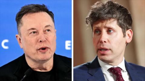 Split screen with Elon Musk on the left and Sam Altman on the right