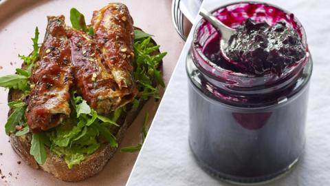 Sardines on toast and blackcurrant in a jar