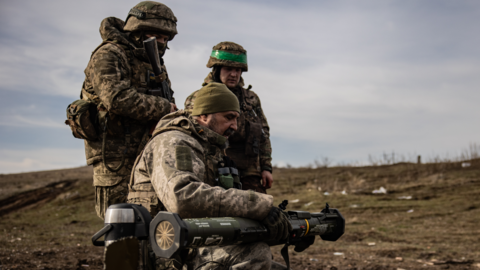 Ukrainian soldiers practice with the AT4 anti-tank launcher during firing training on March 6 in Donestk