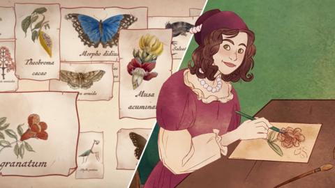 Cartoon illustrations of insects and a young woman painting a flower at a desk.