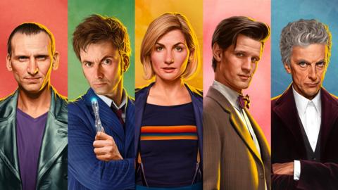Five generations of Doctor Who: Christopher Eccleston, David Tennant, Jodie Whittaker, Matt Smith, Peter Capaldi