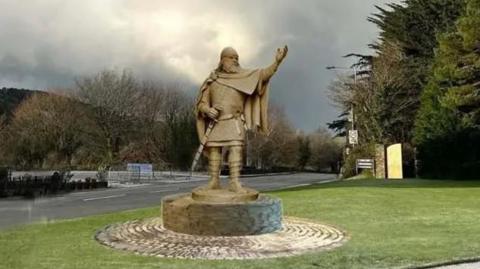 An illustration of the statue in full Viking dress with its arm stretched out. It is on a stone plinth at the edge of a grassed area next to a road with hills overlooking Peel in the background.