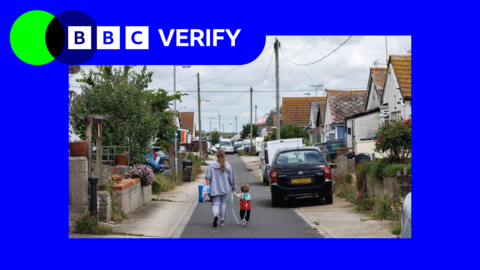 A photo of a woman and a young child walking down a residential street with cars parked on the pavement on either side. The street is lined with houses and overlooked by low telephone lines. The sky above is grey. The photo has a blue border with a green and blue BBC Verify logo in the top left corner.