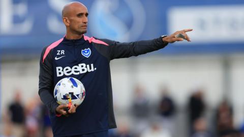 Portsmouth first team coach Zesh Rehman leads a session ahead of a game 