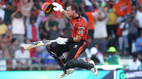 Sunrisers Eastern Cape batter Tristan Stubbs jumps and roars in celebration after hitting the winning runs against Pretoria Capitals in the SA20 final