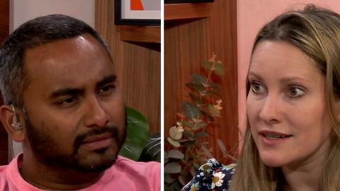 Composite image of Amol Rajan and Laura Bates talking to each other in a studio