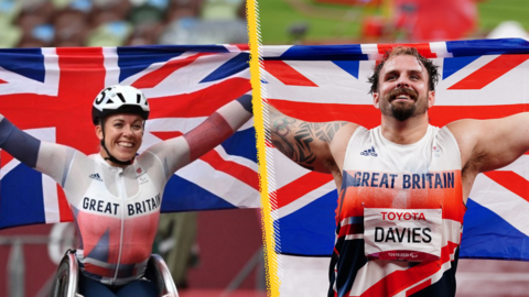 Hannah Cockroft and Aled Sion Davies celebrating with Union Jacks