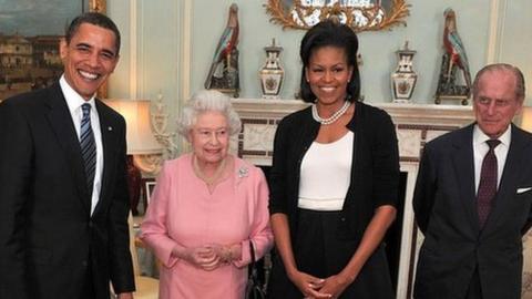 Barack and Michelle Obama pose for a photo with the Queen and Prince Philip