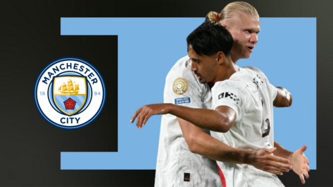 Erling Haaland and Tijjani Reijnders embracing on a graphic with the Manchester City club crest