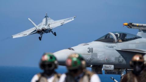 An F/A-18E Super Hornet launches from the flight deck of the Nimitz-class aircraft carrier USS George H W Bush to conduct flight operations in support of Operation Inherent Resolve (6 June 2017)