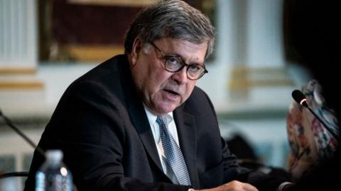 Attorney General William Barr speaks during an event to highlight the Department of Justice grants to combat human trafficking