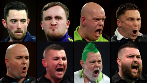 Top row from left- right, Luke Humphries, Luke Littler, Michael van Gerwen and Gerwyn Price. Bottom row from left-right, Rob Cross, Nathan Aspinall, Peter Wright and Michael Smith