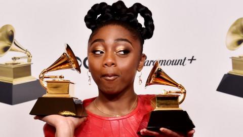 Samara Joy with her Grammy Awards