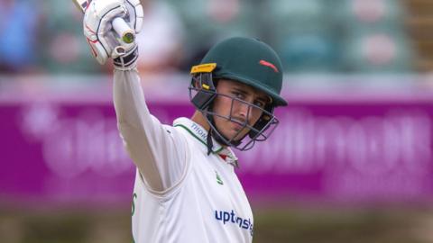 Harry Swindells celebrates passing 150 against Somerset