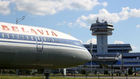 A Belavia Belarusian Airlines plane is pictured at Minsk National Airport
